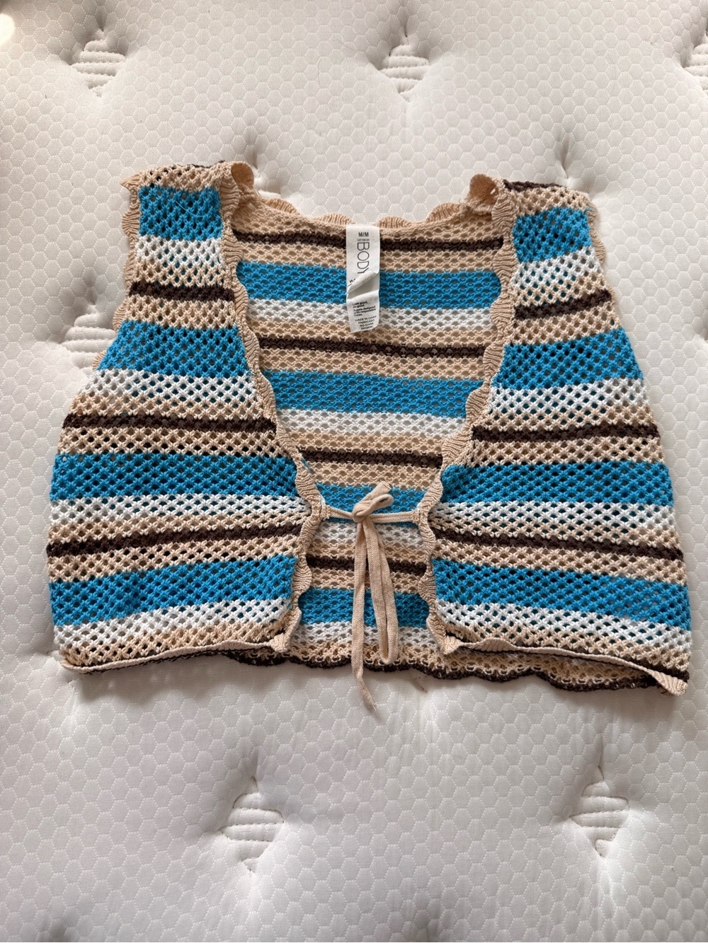 36. Striped Crochet Tie-Front Vest in Blue, Tan & and Cream